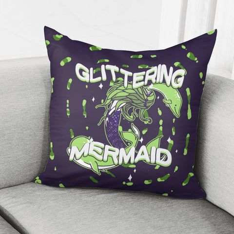 Image of Mermaid And Water Waves And Dolphins And Whales And Stars And Fonts Pillow Cover