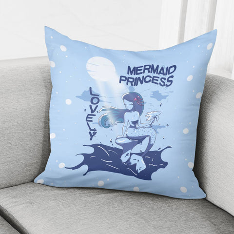 Image of Mermaid And Waves And Moon And Moonlight And Clouds And Polka Dots And Fonts Pillow Cover