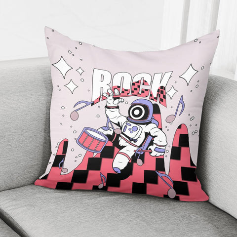 Image of Astronaut And Starry Sky And Musical Instruments And Drums And Notes And Sound Waves And Fonts Pillow Cover