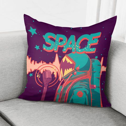 Image of Astronaut And Starry Sky And Musical Instruments And Musical Notes And Sound Waves And Fonts Pillow Cover