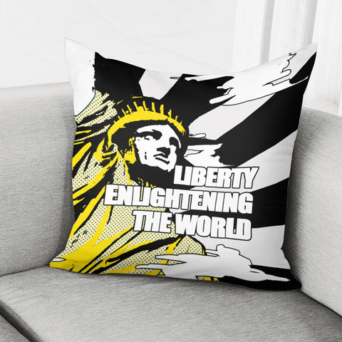 Image of Statue Of Liberty And Light And Clouds And Fonts Pillow Cover