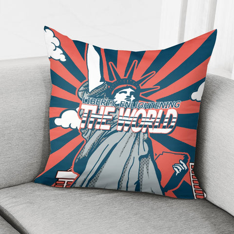 Image of Statue Of Liberty And Light And Clouds And Tall Buildings And Stripes And Fonts Pillow Cover