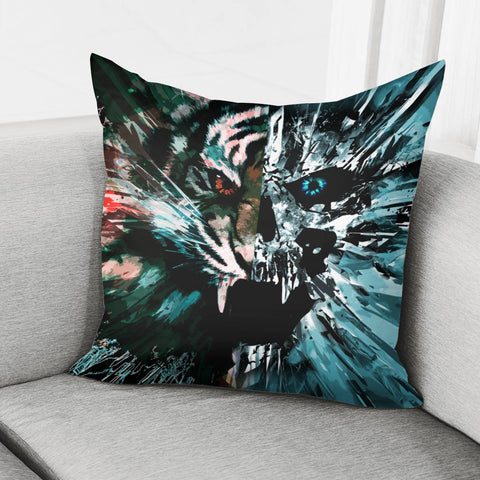 Image of Tiger And Skull And Fragments And Ripples Pillow Cover