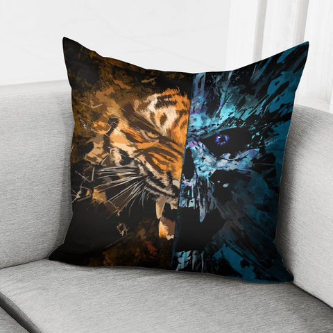 Image of Tiger And Skull And Fragments And Texture Pillow Cover