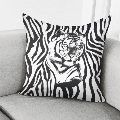 Image of Tiger And Black And White And Animal Textures And Animals Pillow Cover