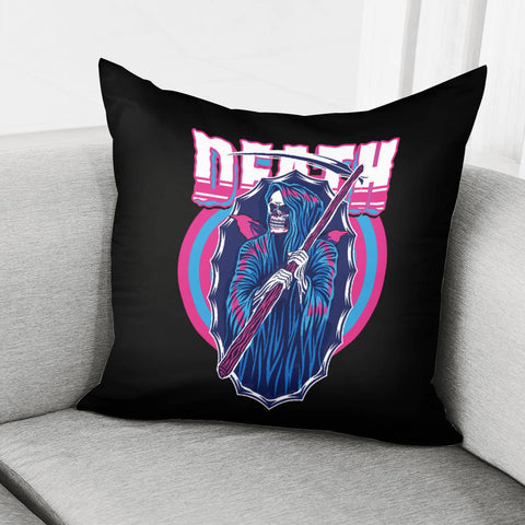 Image of Grim Reaper And Scythe And Font And Crow And Spiral Pillow Cover