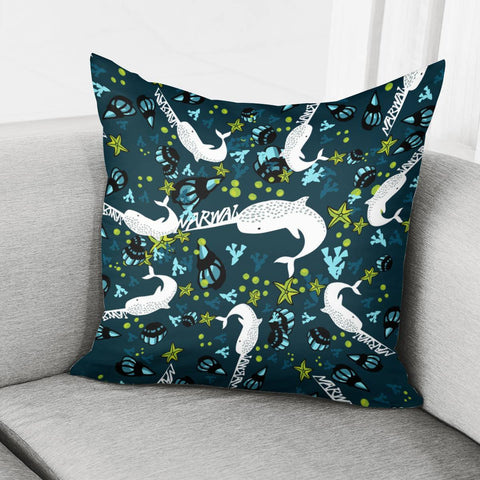 Image of Narwhal And Fonts And Bubbles And Ocean And Starfish And Seaweed Pillow Cover