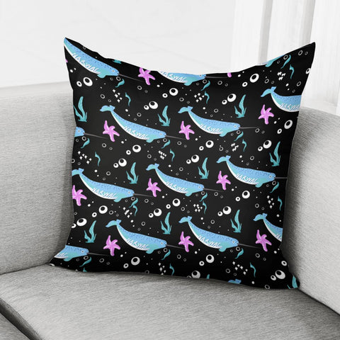 Image of Narwhal And Font And Bubbles And Starfish And Seaweed Pillow Cover