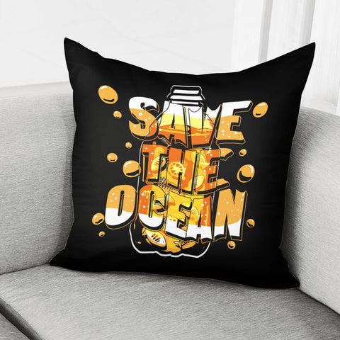 Image of Plastic Trash And Bubbles And Fonts And Ocean And Fish Pillow Cover