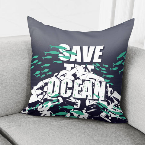 Image of Plastic Trash And Ocean And Fonts And Fish Pillow Cover