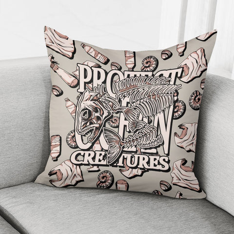 Image of Fish Bones And Plastic Trash And Fonts And Conch And Sea Shells Pillow Cover