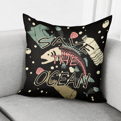 Image of Fish Bones And Plastic Trash And Fonts And Sea Shells Pillow Cover