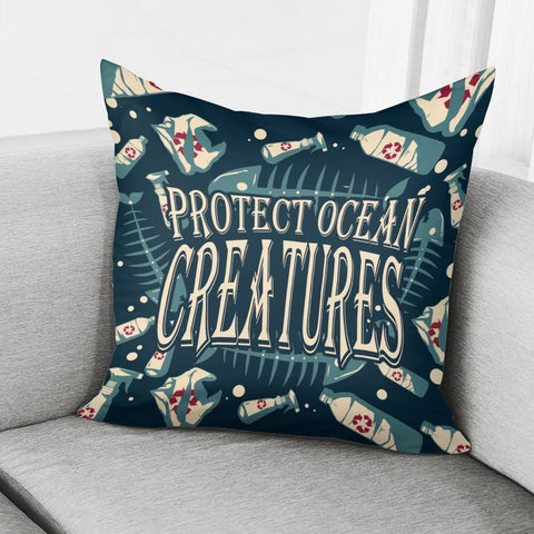 Image of Fish Bones And Plastic Trash And Fonts And Bubbles Pillow Cover