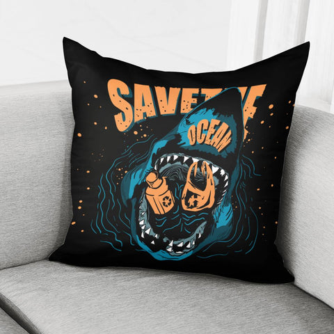 Image of Shark And Plastic Trash And Fonts And Bubbles Pillow Cover