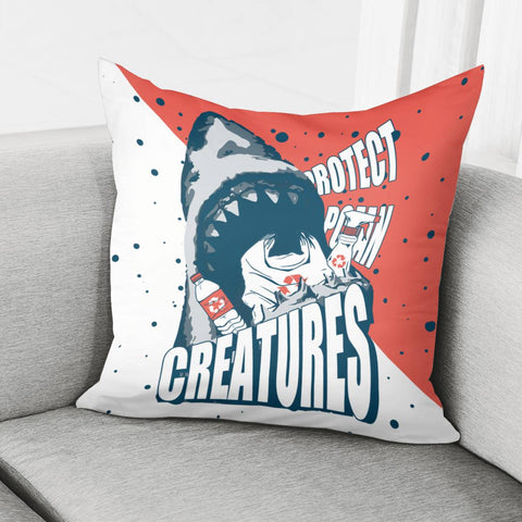 Image of Shark And Plastic Trash And Fonts And Bubbles Pillow Cover