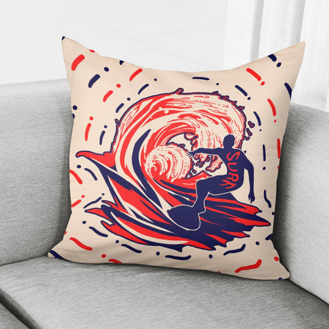 Image of Surfing And Silhouettes And Fonts And Waves And Geometry Pillow Cover