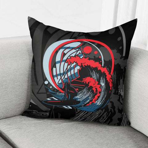 Image of Surfing And Silhouettes And Fonts And Waves And Geometry Pillow Cover