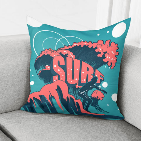 Image of Surfing And Silhouettes And Fonts And Waves And Geometry Pillow Cover