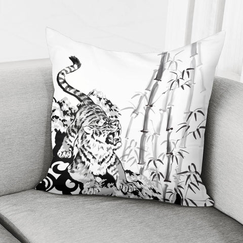 Image of Chinese Tiger And Ink And Geometry And Bamboo Pillow Cover