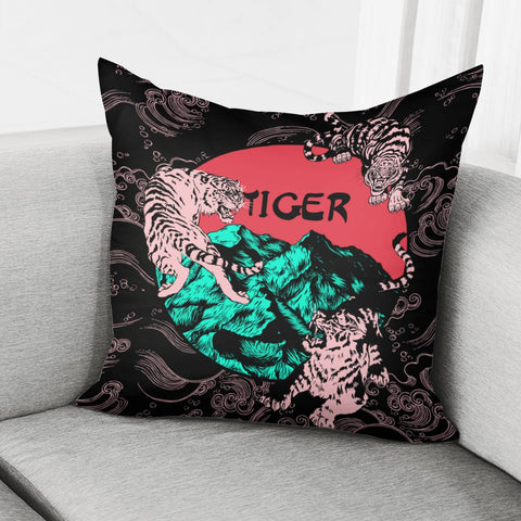 Image of Chinese Tiger And Mountain Range And Pattern And Sun Pillow Cover