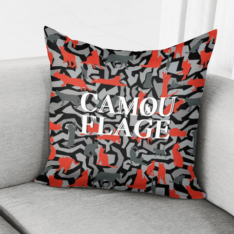 Image of Cat And Camouflage And Geometry And Text Pillow Cover