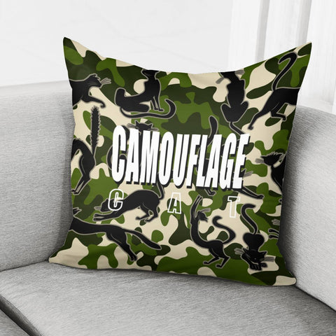 Image of Cat And Camouflage And Geometry And Text Pillow Cover