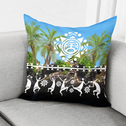 Image of Island And Coconut Trees And Totems And Symbols Pillow Cover