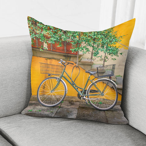 Image of Bicycle Parked At Wall, Lucca, Italy Pillow Cover