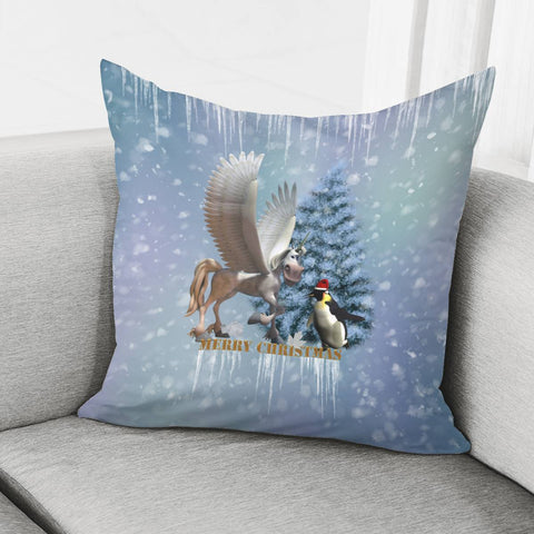 Image of Merry Christmas, Funny Pegasus With Penguin Pillow Cover