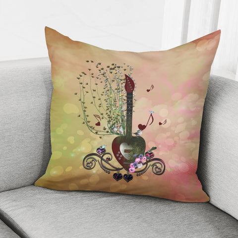 Image of Music, Heart Guitar With Flowers Pillow Cover