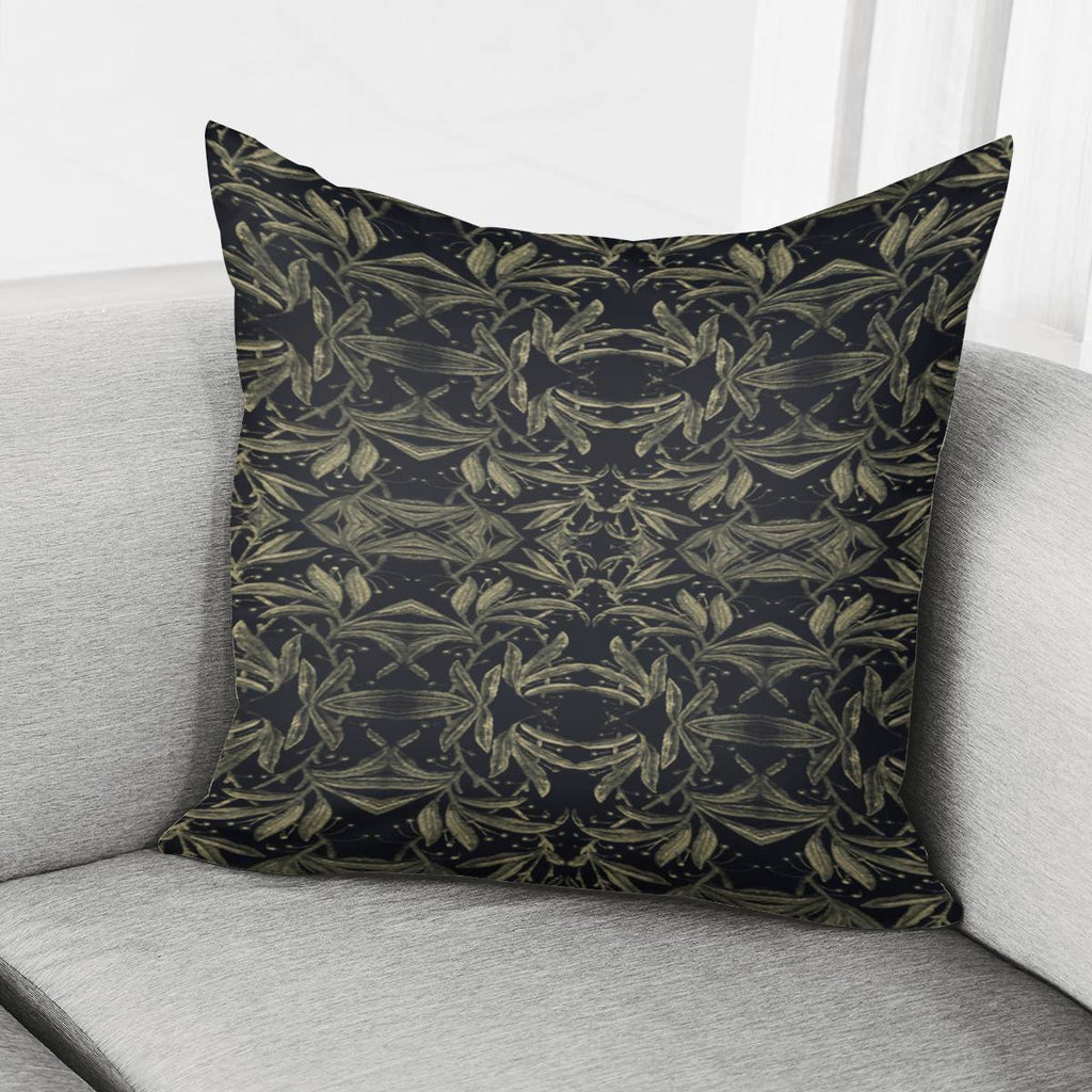 Stylized Golden Ornate Nature Motif Print Pillow Cover