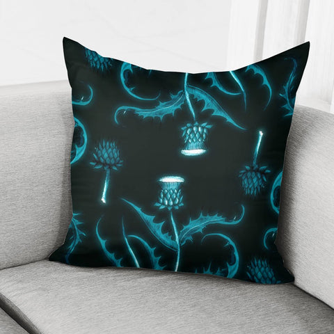 Image of Blue Thistle On Black Pillow Cover