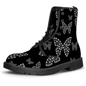 Black And White Butterflies Flowers Pattern Leather Boots