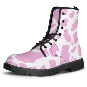 White Pink Cow Print Leather Boots