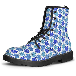 Lily Flowers Pattern Blue Leather Boots