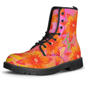 Red Orange Flowers Leather Boots