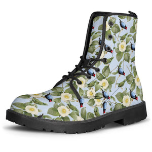 White Camellia And Birds Leather Boots