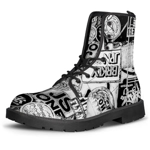 Black And White Urban Collage Print Leather Boots