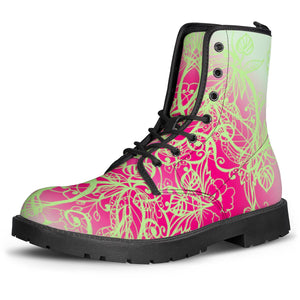Pink Neon Floral Leather Boots