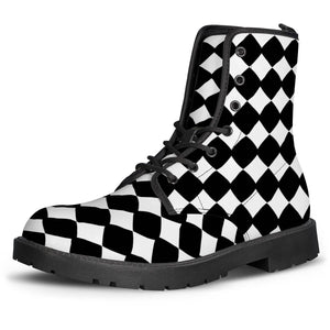 Black White Checkerboard Leather Boots