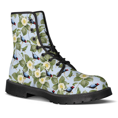 Image of White Camellia And Birds Leather Boots