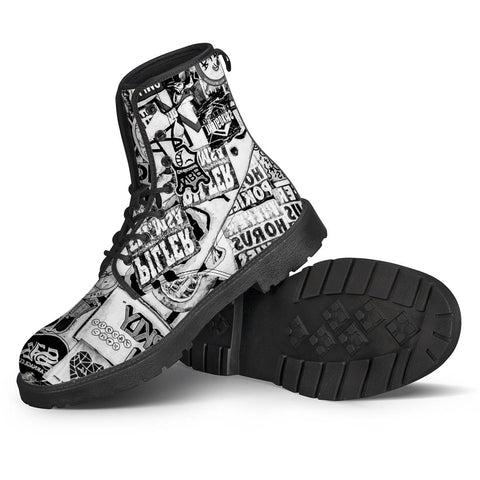Image of Black And White Urban Collage Print Leather Boots