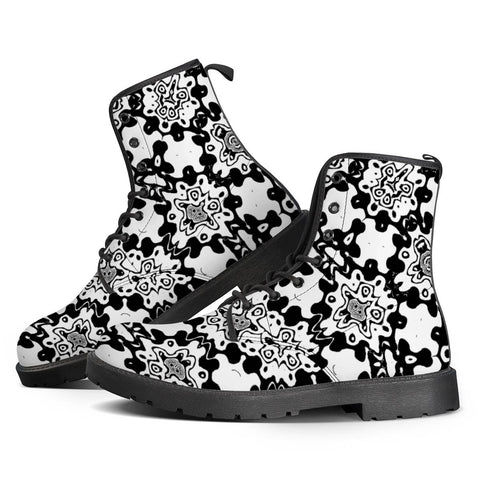 Image of Black And White Lace Print Leather Boots