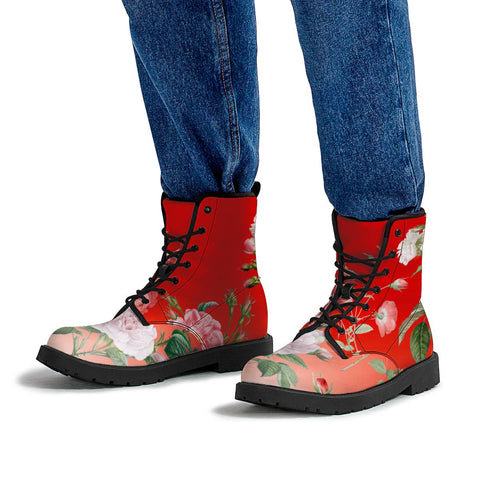 Image of Vintage Roses On Red Gradient Leather Boots