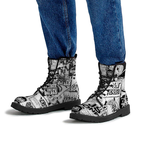 Image of Black And White Urban Collage Print Leather Boots