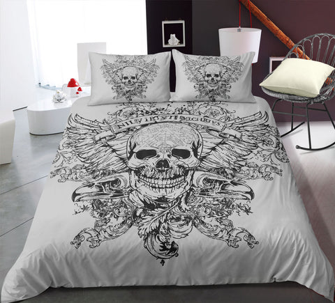 Image of Old Skull Floral Feather Skull Sketch Bedding Set