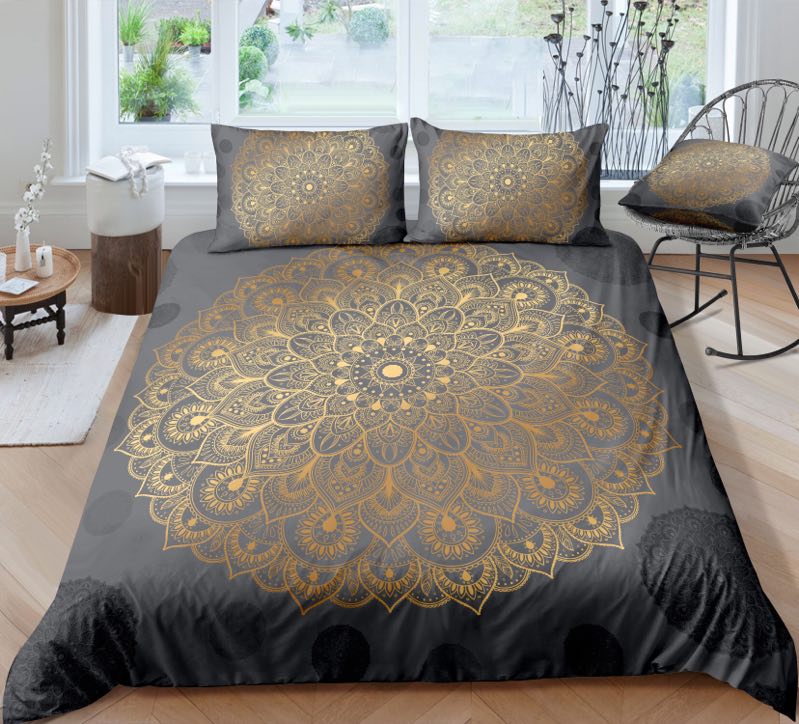 Gold Grey Mandala Pattern Bedding Set - Beddingify