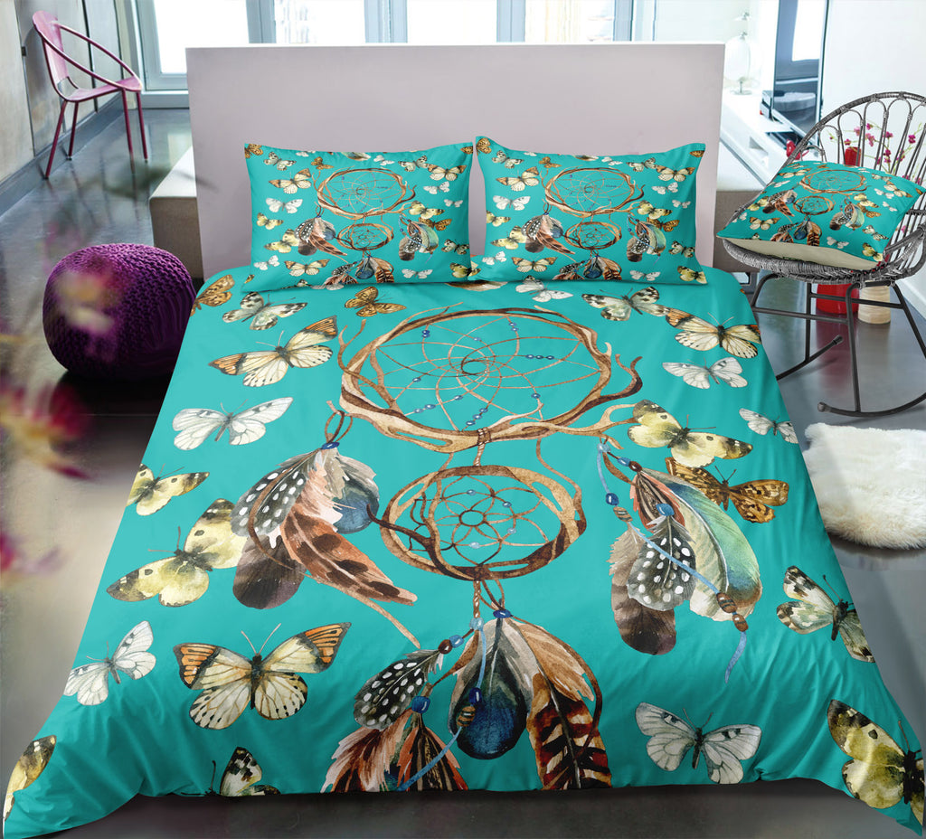 Green Butterflies Dreamcatcher Bedding Set - Beddingify