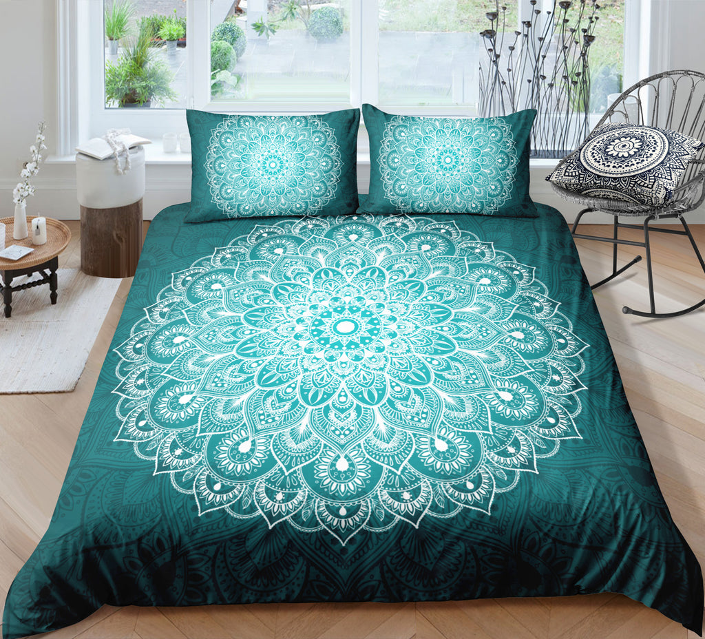 Green White Mandala Pattern Bedding Set - Beddingify