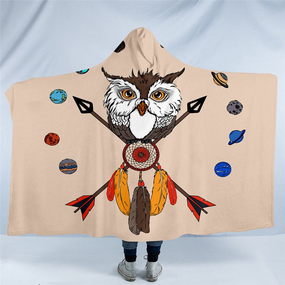 Planetary Owl Tan Hooded Blanket